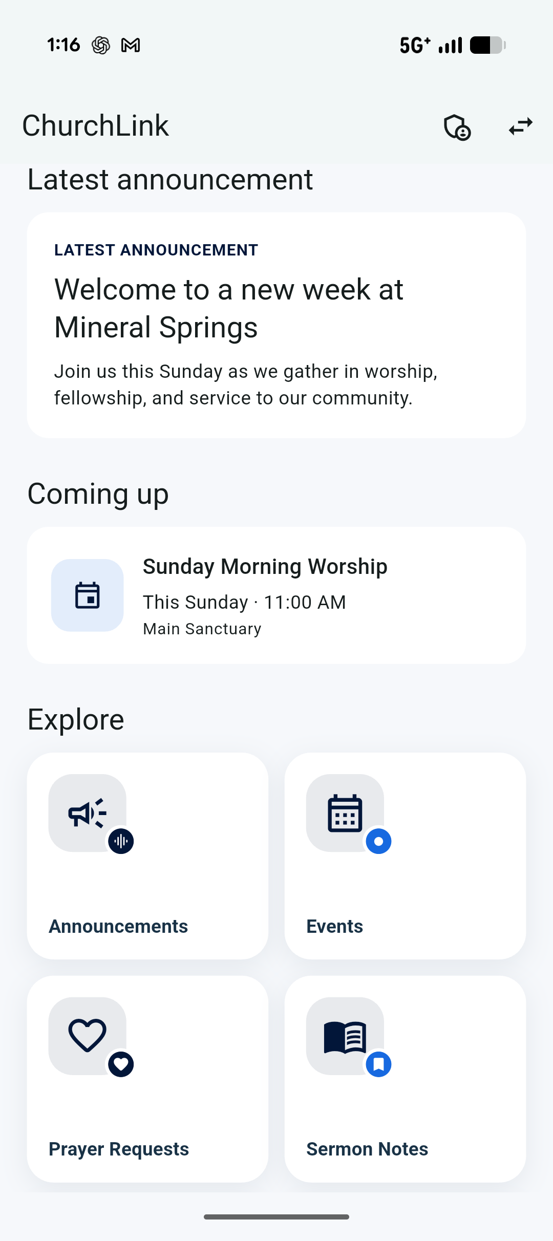 ChurchLink home screen